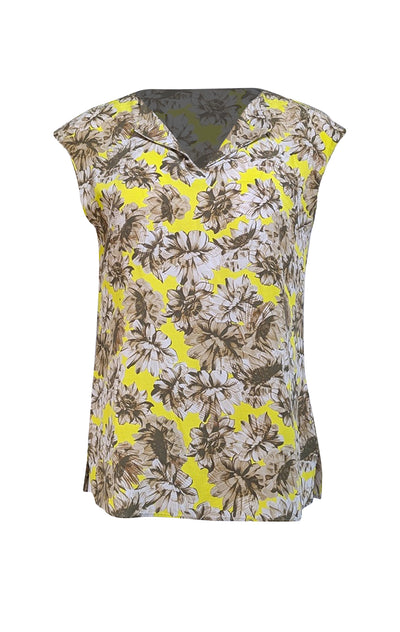 Lafayette 148 - Chartreuse, Beige, & Olive Floral Print Silk Blouse Sz L - Current Boutique
