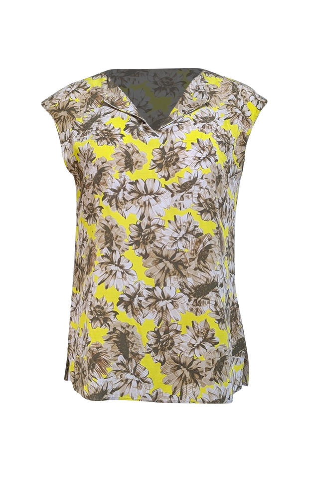 Lafayette 148 - Chartreuse, Beige, & Olive Floral Print Silk Blouse Sz L - Current Boutique