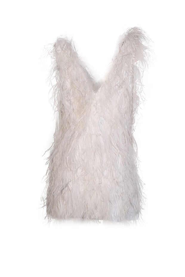Current Boutique-Lamarque - White Feather "Alena" Mini Dress Sz S
