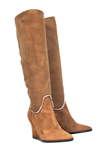 Current Boutique-Lanvin - Tan Shearling Lined Wedged Boots Sz 9