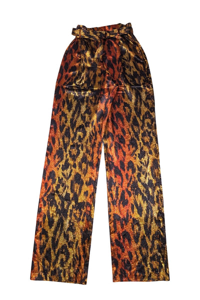 Lapointe - Gold, Black, & Red Metallic Leopard Print Belted Pant Sz 4 - Current Boutique