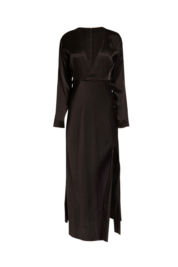Current Boutique-Lapointe - Black Satin Long Sleeve Dress w/ Slit Sz 2