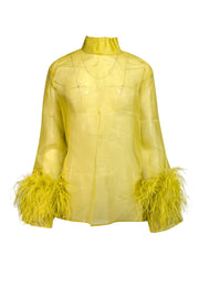 Current Boutique-Lapointe - Chartreuse Silk Organza Mock Neck Top w/ Feather Cuffs Sz 6