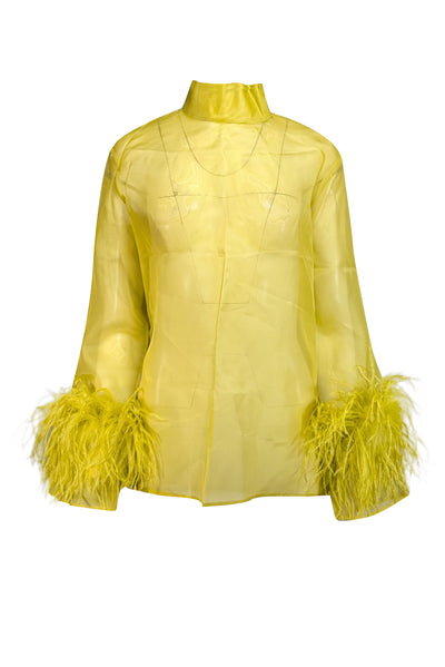 Current Boutique-Lapointe - Chartreuse Silk Organza Mock Neck Top w/ Feather Cuffs Sz 6