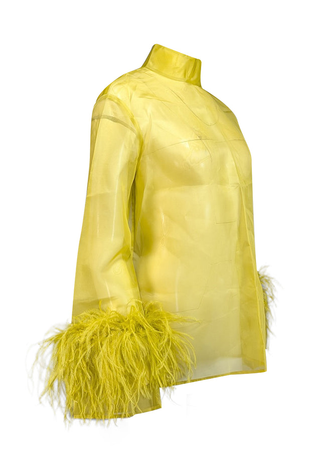 Current Boutique-Lapointe - Chartreuse Silk Organza Mock Neck Top w/ Feather Cuffs Sz 6