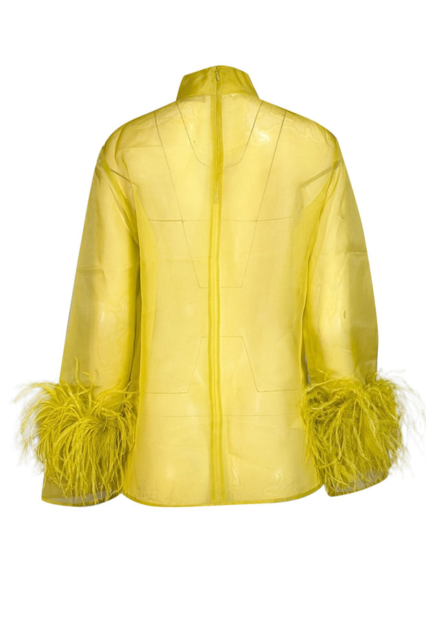 Current Boutique-Lapointe - Chartreuse Silk Organza Mock Neck Top w/ Feather Cuffs Sz 6