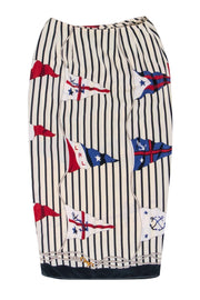 Current Boutique-Lauren Ralph Lauren - Ivory & Navy Striped Silk Skirt w/ Nautical Flags Sz 6P