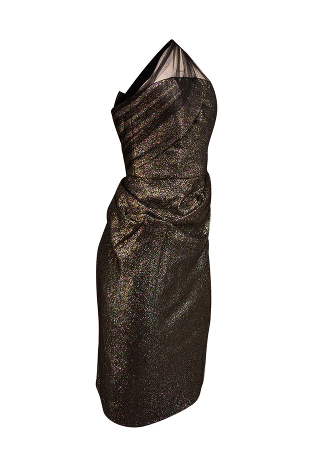 Current Boutique-Lela Rose - black & Gold Metallic Tulle One Shoulder Strap Dress Sz 10