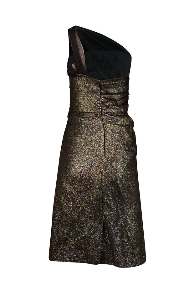 Current Boutique-Lela Rose - black & Gold Metallic Tulle One Shoulder Strap Dress Sz 10