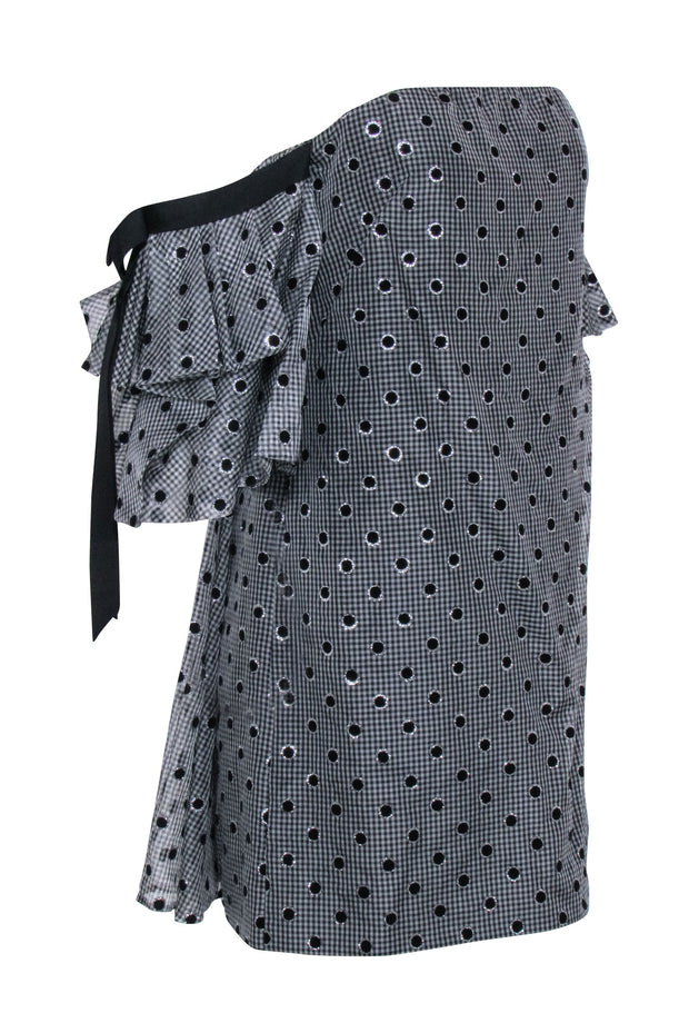 Current Boutique-Lela Rose - Grey & Black Gingham w/ Polka Dot Detail Off The Shoulder Dress Sz 6