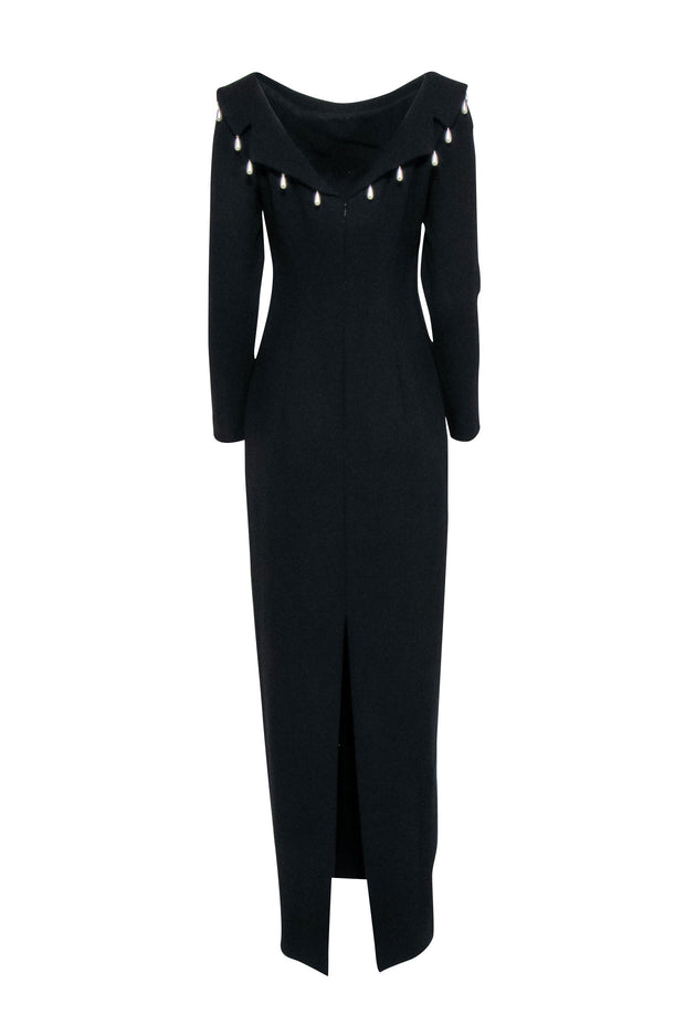 Current Boutique-Lela Rose - Black Low Back Pearl Trim Formal Dress Sz 6