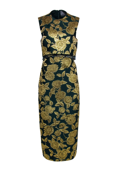 Current Boutique-Lela Rose - Green & Gold Floral Jacquard Midi Dress Sz 6
