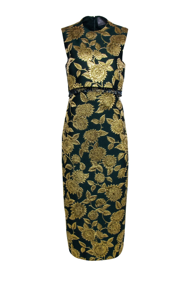 Current Boutique-Lela Rose - Green & Gold Floral Jacquard Midi Dress Sz 6