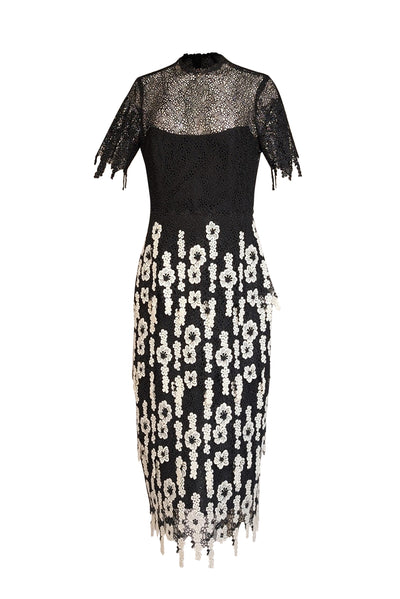 Lela Rose - Black & White Floral Eyelet Lace Short Sleeve Formal Dress Sz 8 - Current Boutique