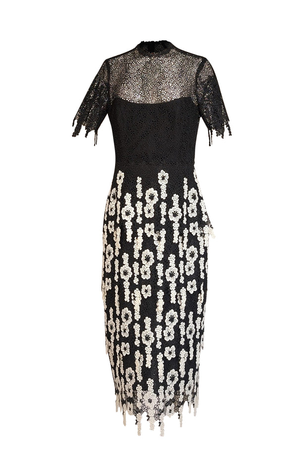Lela Rose - Black & White Floral Eyelet Lace Short Sleeve Formal Dress Sz 8 - Current Boutique