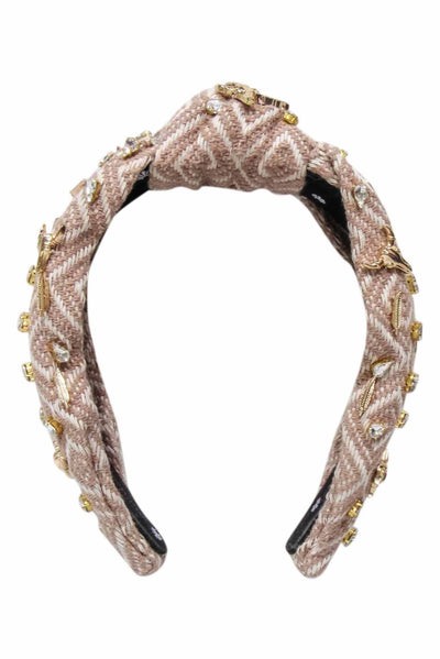 Current Boutique-Lele Sadoughi - Beige Print Knot Front Headband w/ Longhorns and Feathers