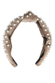 Current Boutique-Lele Sadoughi - Beige Velvet Headband w/ Pearl Accents