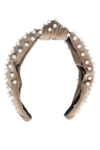 Current Boutique-Lele Sadoughi - Beige Velvet Headband w/ Pearl Accents