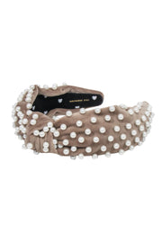 Current Boutique-Lele Sadoughi - Beige Velvet Headband w/ Pearl Accents
