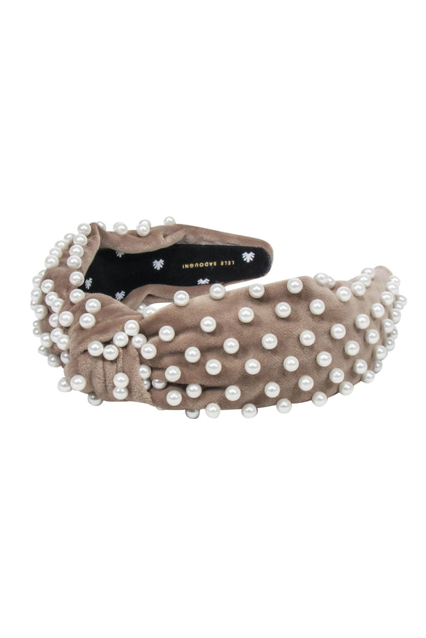 Current Boutique-Lele Sadoughi - Beige Velvet Headband w/ Pearl Accents
