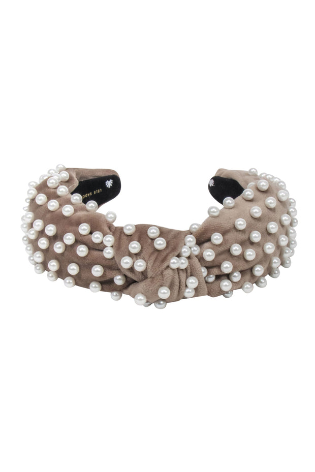 Current Boutique-Lele Sadoughi - Beige Velvet Headband w/ Pearl Accents