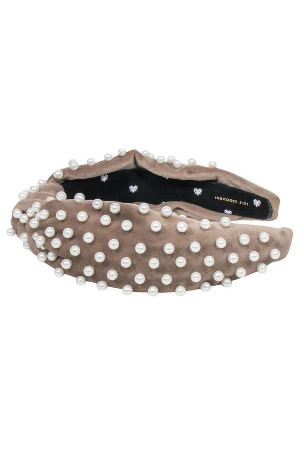 Current Boutique-Lele Sadoughi - Beige Velvet Headband w/ Pearl Accents