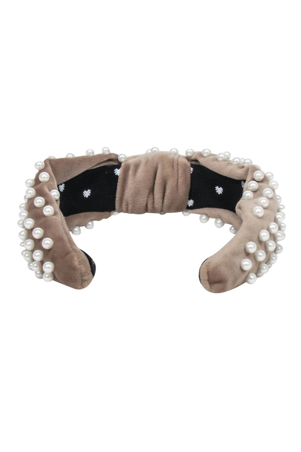Current Boutique-Lele Sadoughi - Beige Velvet Headband w/ Pearl Accents