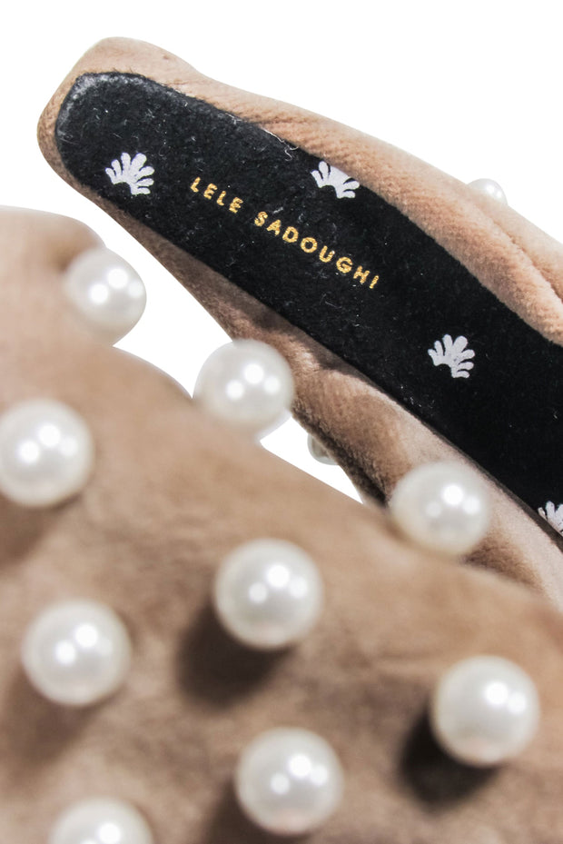 Current Boutique-Lele Sadoughi - Beige Velvet Headband w/ Pearl Accents