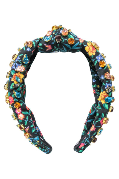 Current Boutique-Lele Sadoughi - Black w/ Multi color Floral Print & Jewels Headband
