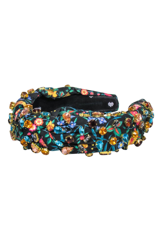 Current Boutique-Lele Sadoughi - Black w/ Multi color Floral Print & Jewels Headband