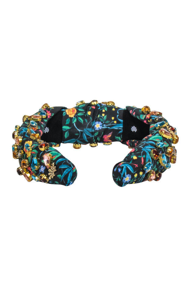 Current Boutique-Lele Sadoughi - Black w/ Multi color Floral Print & Jewels Headband