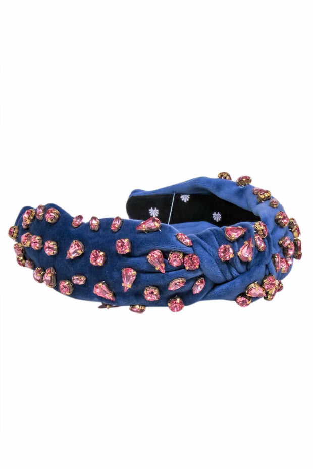 Current Boutique-Lele Sadoughi - Blue Velour Headband w/ Pink Gem Embellishments
