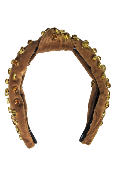 Current Boutique-Lele Sadoughi - Brown Velour Knot Front Headband w/ Jewel Embellishments