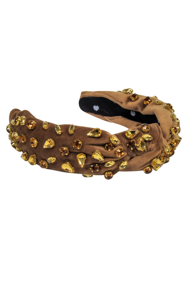 Current Boutique-Lele Sadoughi - Brown Velour Knot Front Headband w/ Jewel Embellishments