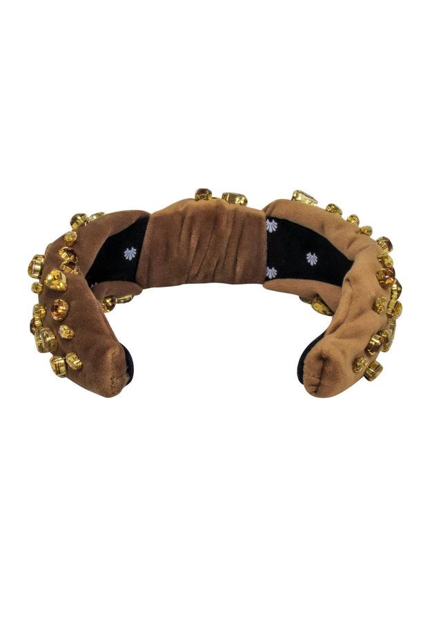 Current Boutique-Lele Sadoughi - Brown Velour Knot Front Headband w/ Jewel Embellishments