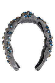Current Boutique-Lele Sadoughi - Grey Velour Knot Front Headband w/ Blue Jewel Embellishments