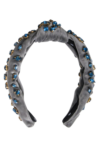 Current Boutique-Lele Sadoughi - Grey Velour Knot Front Headband w/ Blue Jewel Embellishments