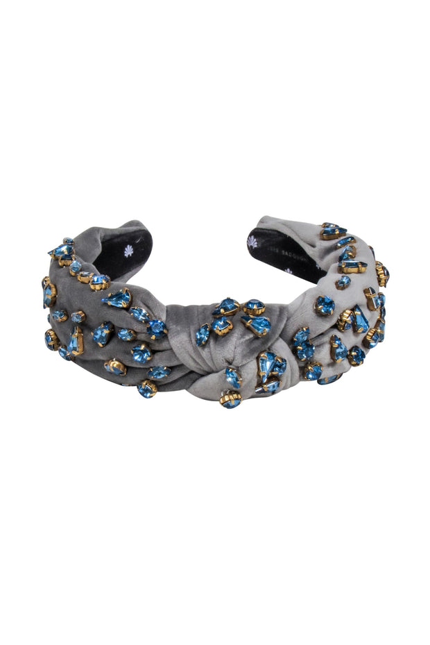 Current Boutique-Lele Sadoughi - Grey Velour Knot Front Headband w/ Blue Jewel Embellishments