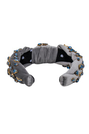 Current Boutique-Lele Sadoughi - Grey Velour Knot Front Headband w/ Blue Jewel Embellishments