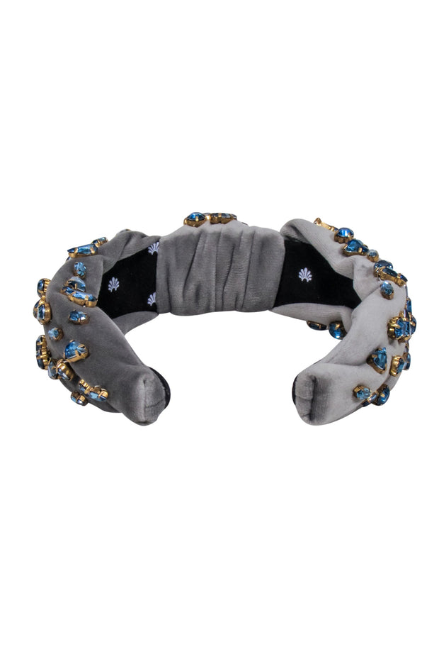 Current Boutique-Lele Sadoughi - Grey Velour Knot Front Headband w/ Blue Jewel Embellishments