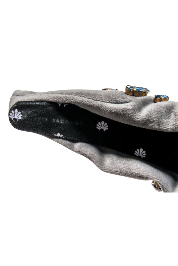 Current Boutique-Lele Sadoughi - Grey Velour Knot Front Headband w/ Blue Jewel Embellishments