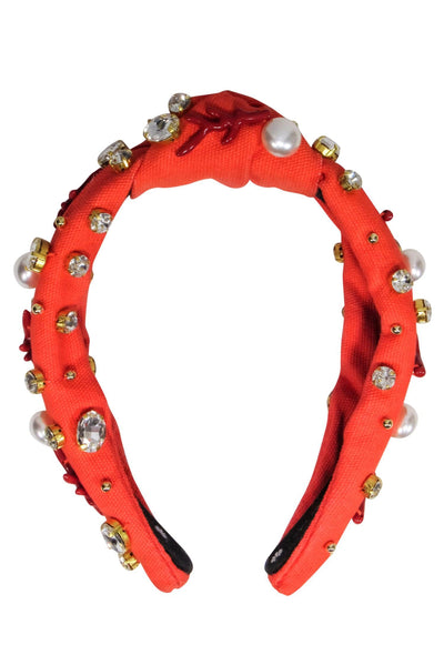 Current Boutique-Lele Sadoughi - Orange Knot Front Jewel, Pearl, and Red Coral Embellished Headband