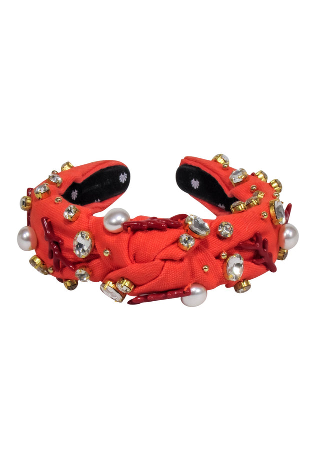Current Boutique-Lele Sadoughi - Orange Knot Front Jewel, Pearl, and Red Coral Embellished Headband