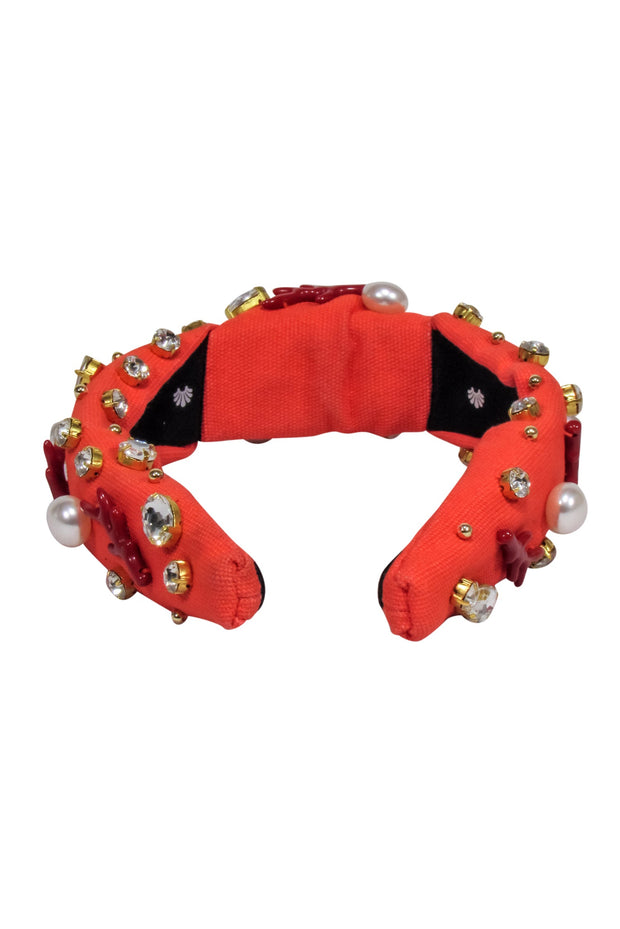 Current Boutique-Lele Sadoughi - Orange Knot Front Jewel, Pearl, and Red Coral Embellished Headband