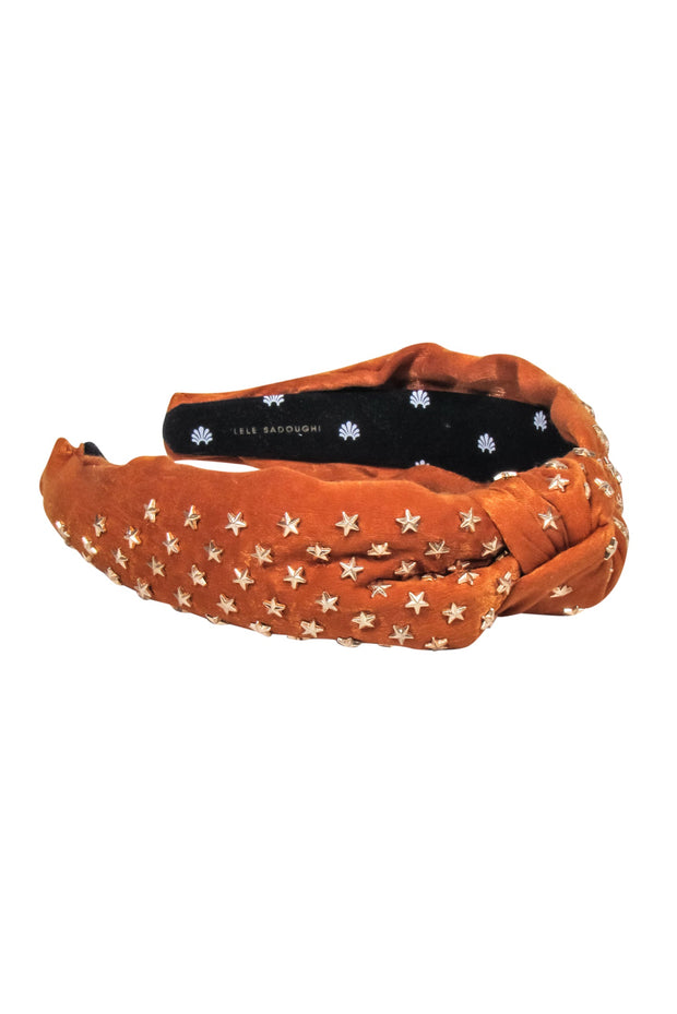 Current Boutique-Lele Sadoughi - Orange Velvet Star Embellished Knot Front Headband