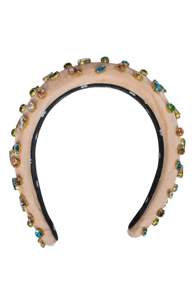 Current Boutique-Lele Sadoughi - Peach Pink Velvet w/ Multi Colored Gem Headband
