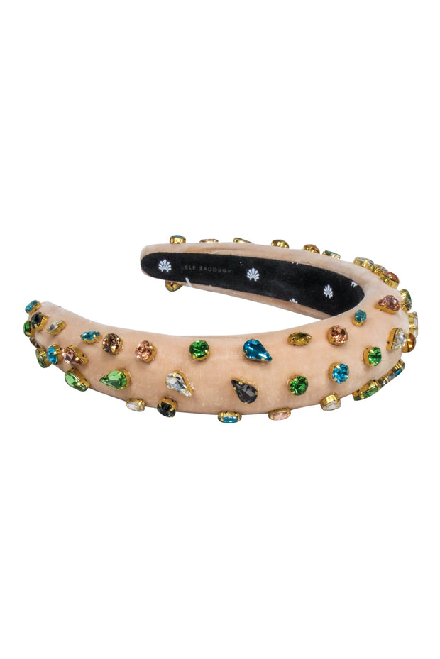 Current Boutique-Lele Sadoughi - Peach Pink Velvet w/ Multi Colored Gem Headband