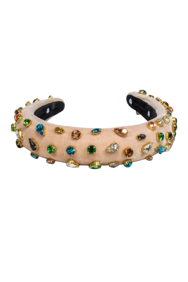 Current Boutique-Lele Sadoughi - Peach Pink Velvet w/ Multi Colored Gem Headband