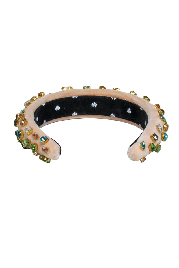 Current Boutique-Lele Sadoughi - Peach Pink Velvet w/ Multi Colored Gem Headband