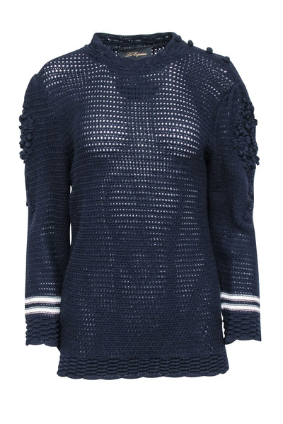 Current Boutique-Les Copains - Navy Knit Sweater w/ Textured Sleeves Sz 8